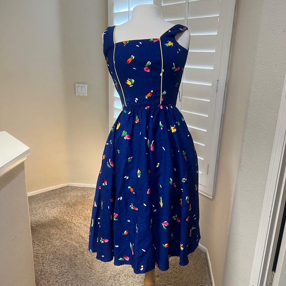 Sabino 80s Blue Floral novelty rockabilly Pockets Pin Up Glam Fit Flare dress‎ 8 - Picture 2 of 12